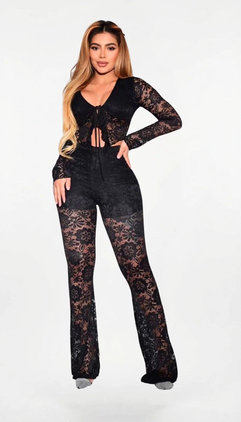 Enterizo Negro en Encaje Blonda para Mujer