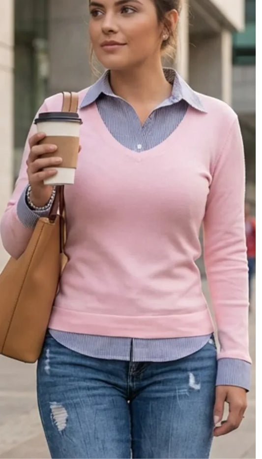 Camibuso para Mujer con Cuello Camisero de Rayas Rosado