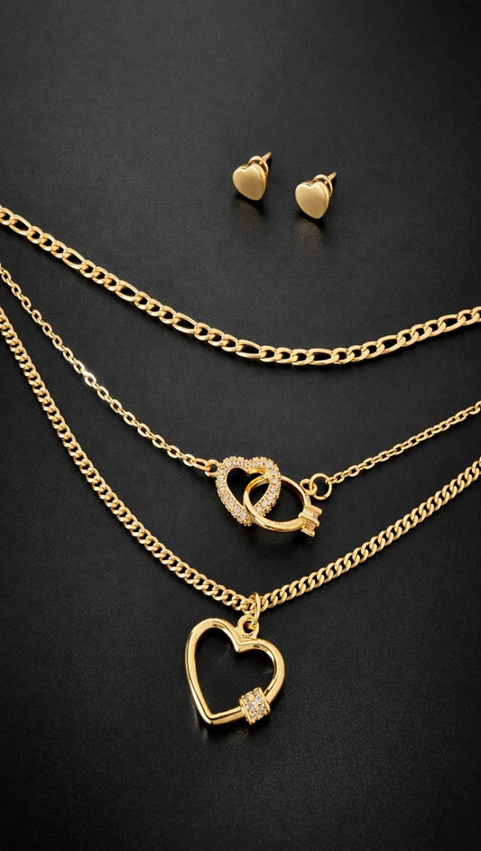 Set Collar y Aretes Dorados con Corazones para Mujer