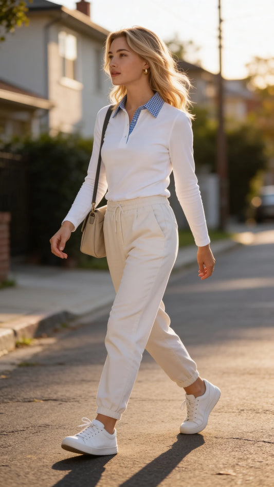 Camibuso Blanco para Mujer con Cuello Camisero Azul