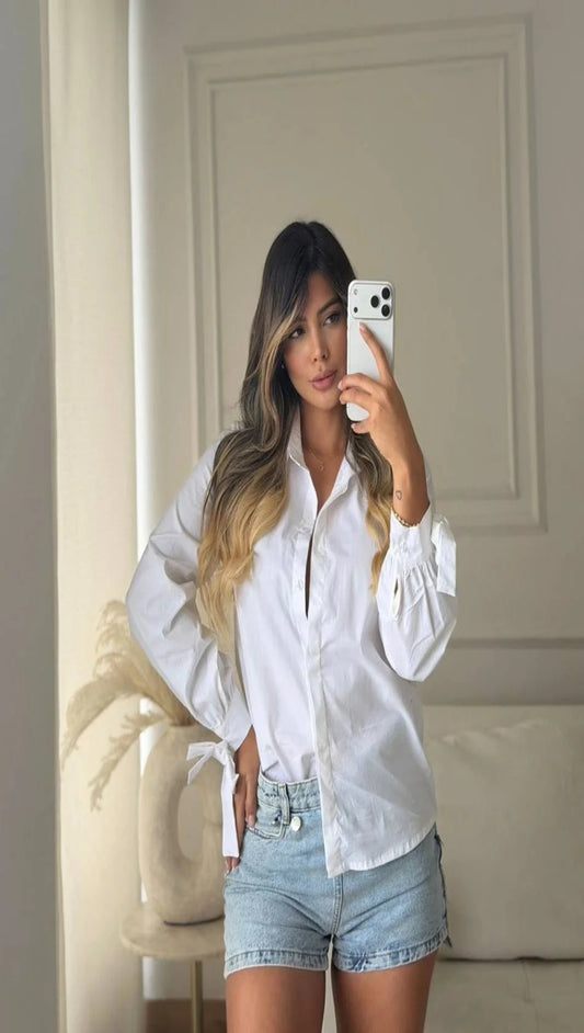 Blusa Mujer Cuello Camisero Manga Globo Lazos Puño