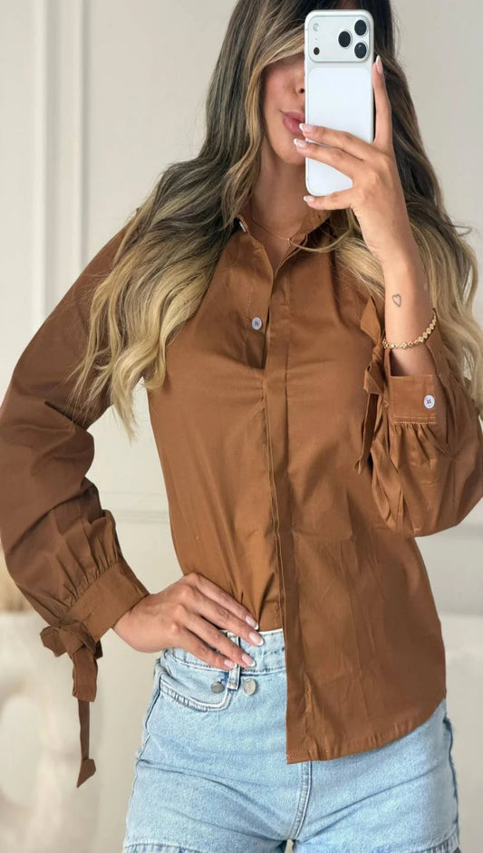Blusa Mujer Cuello Camisero Manga Globo Lazos Puño