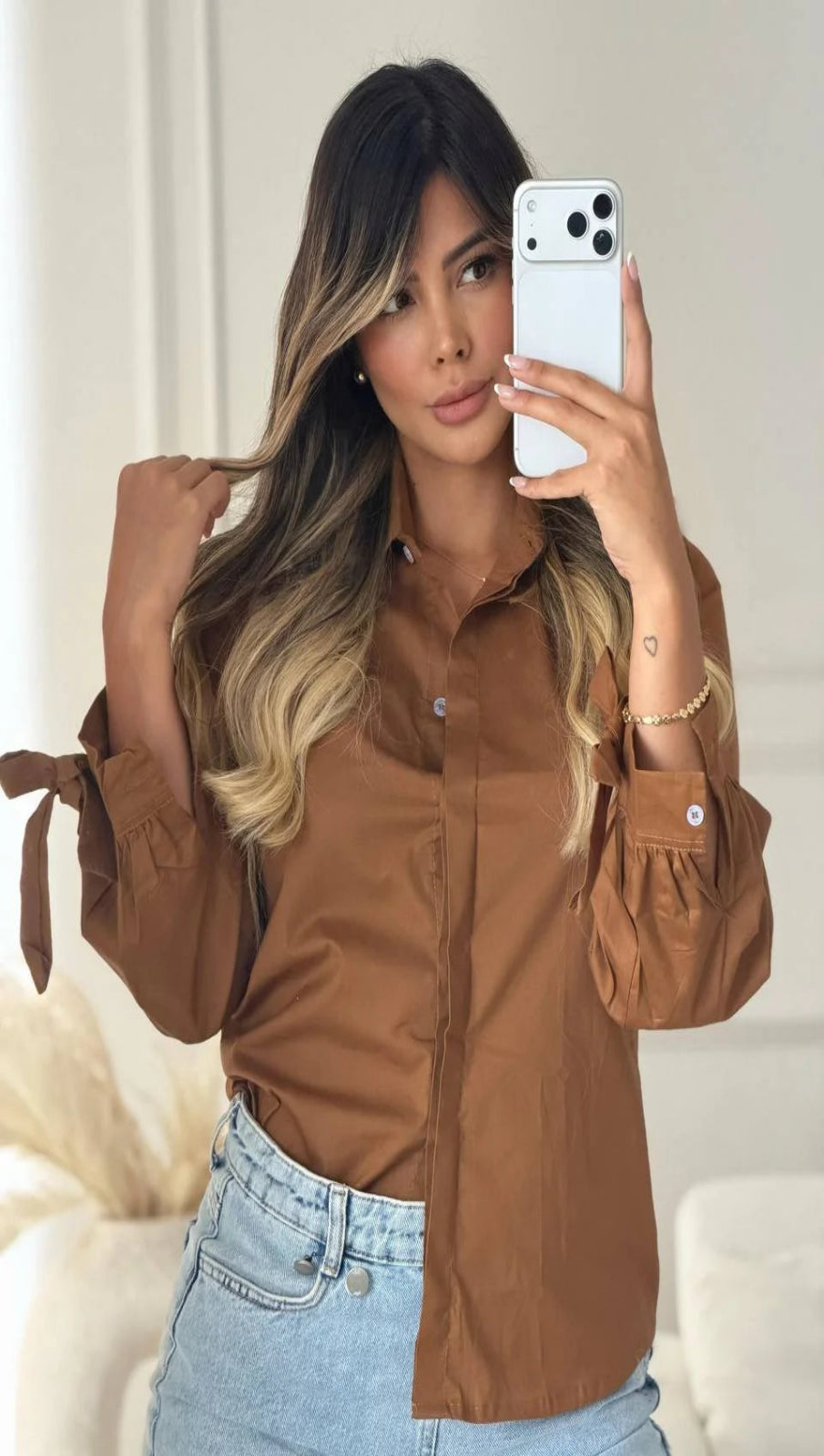 Blusa Mujer Cuello Camisero Manga Globo Lazos Puño