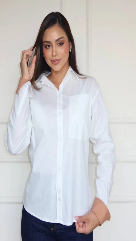 Camisa Mujer Puño Contraste Blanca