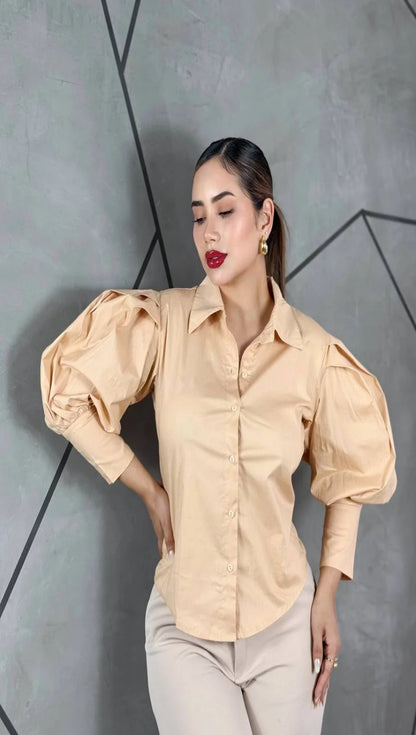 Blusa Mujer Cuello Camisero Manga Globo Estructurada