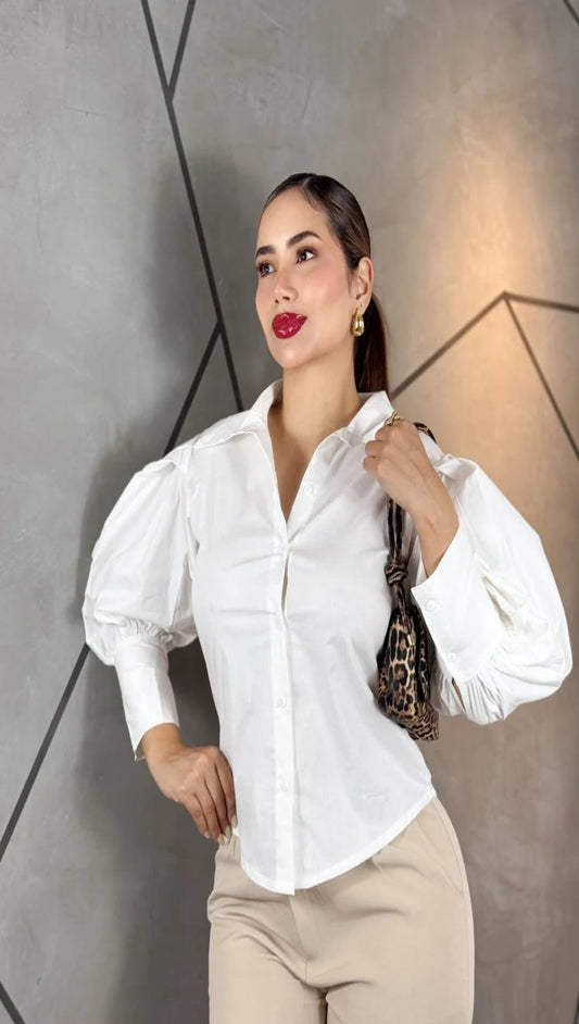 Blusa Mujer Cuello Camisero Manga Globo Estructurada