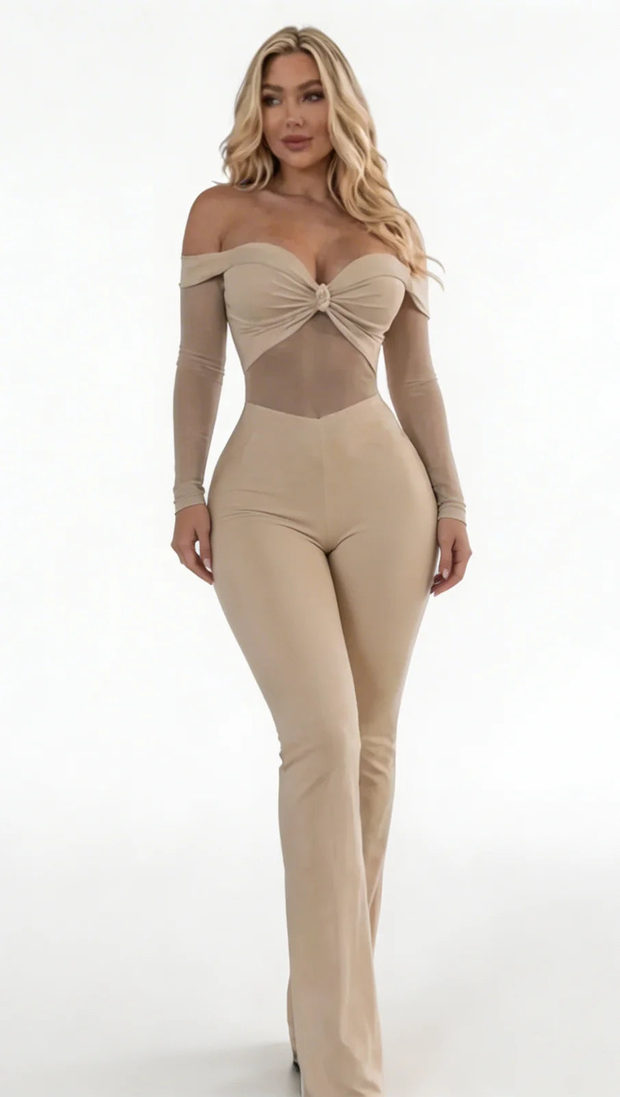 Enterizo para mujer escote corazón off shoulder con malla transparente y manga larga