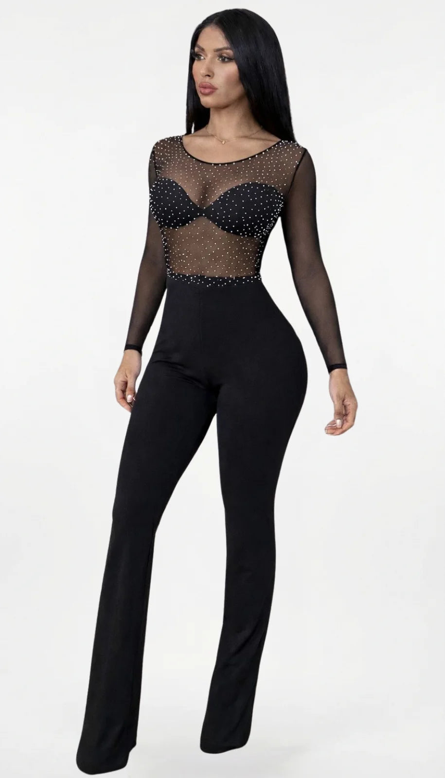 Enterizo Negro con Transparencias y Brillos para Mujer
