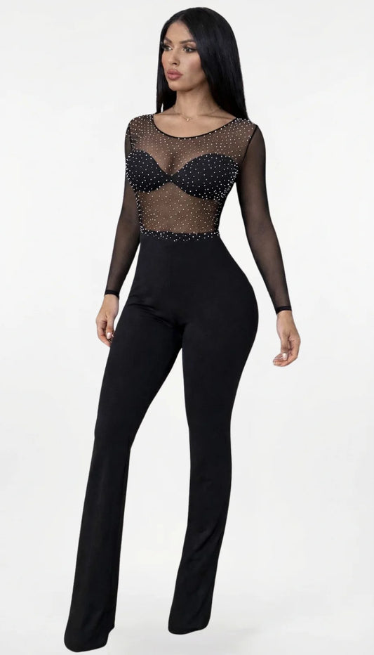 Enterizo Negro con Transparencias y Brillos para Mujer