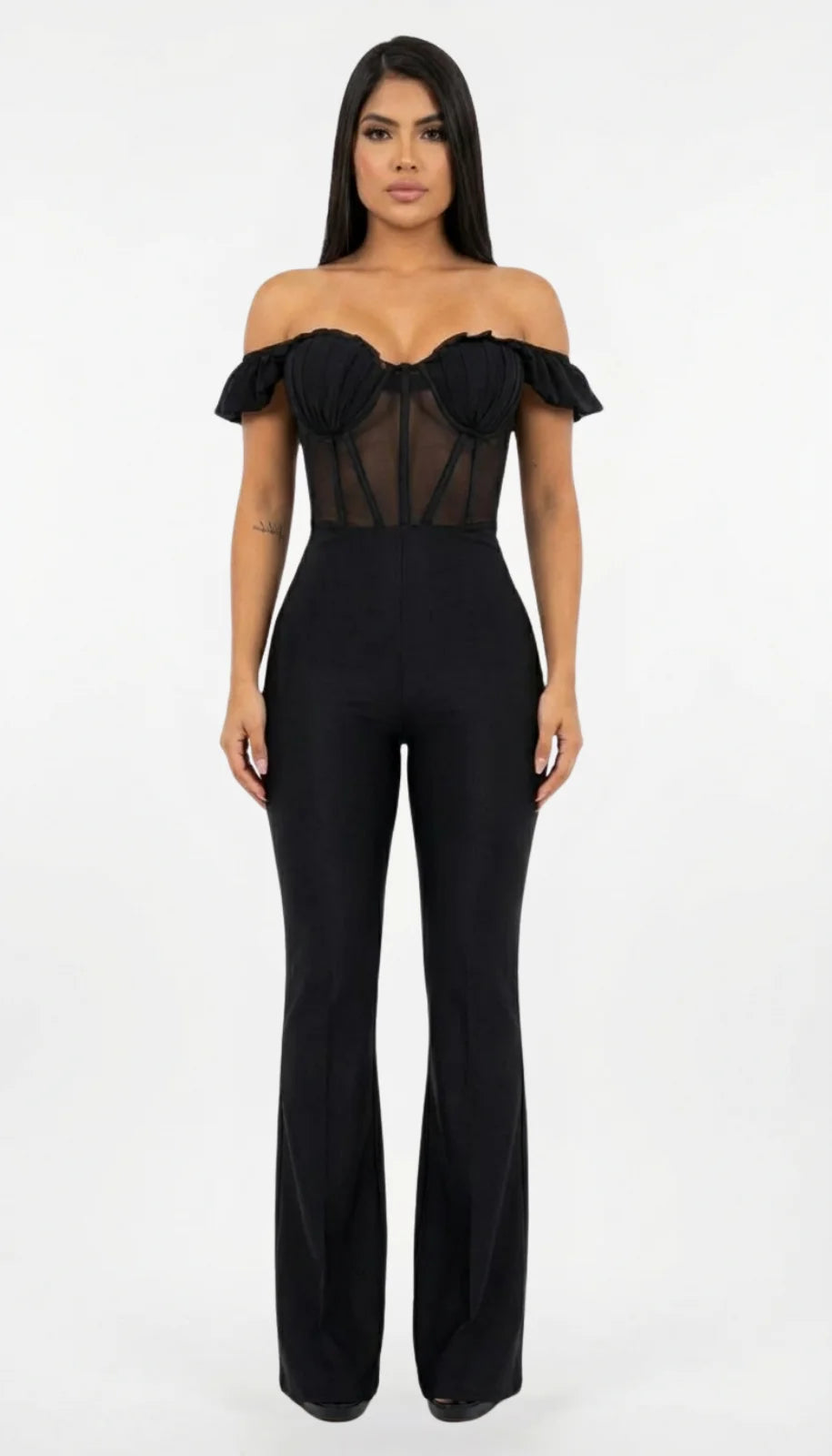 Enterizo Negro con Transparencias y Escote Bardot para Mujer