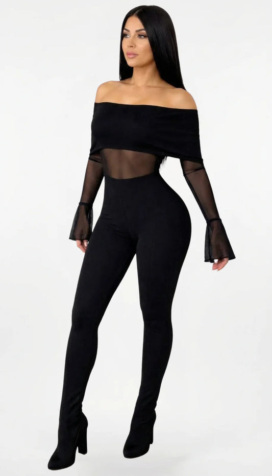 Enterizo Negro Off Shoulder con Transparencias para Mujer