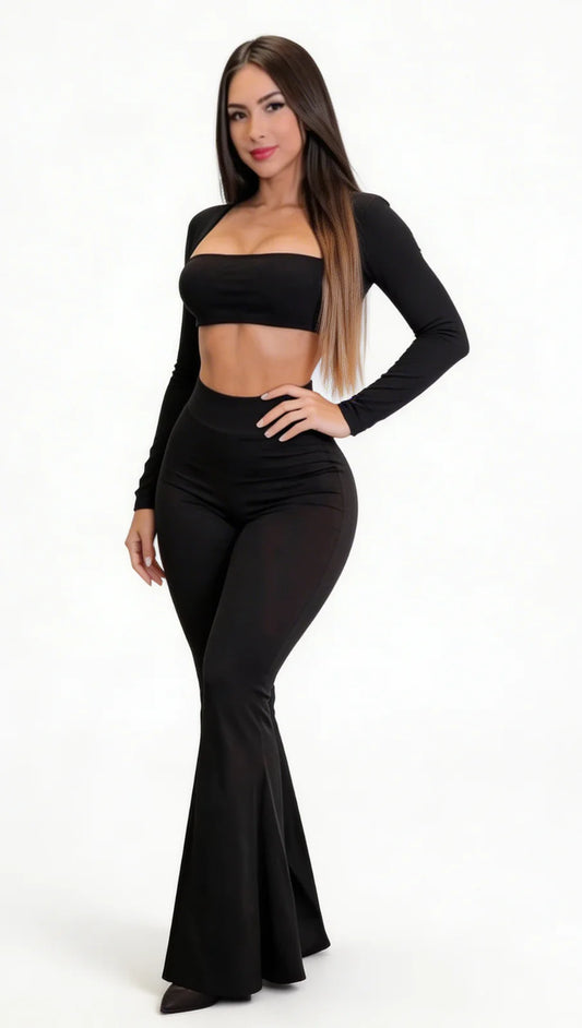 Conjunto para Mujer Top Strapless con Mangas Largas y Pantalón Bota Campana