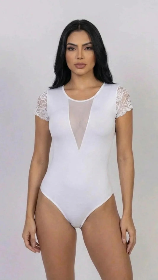 Body para mujer en encaje manga corta escote en V con control de abdomen